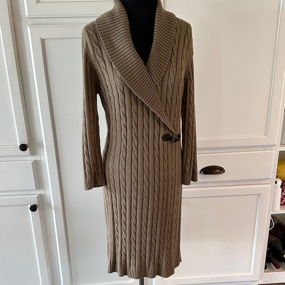 Calvin Klein Dresses & Skirts - Calvin Klein Cable Knit Shawl Collar Sweater Dress with Brown Buckle Detail
